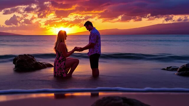 Couple gets engaged on a beautiful beach during a colorful sunset by the ocean, Proposal on the beach at sunset