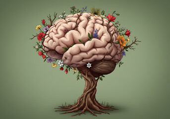 Blooming Mind: A Brain Tree Illustration Representing Mental Growth and Flourishing
