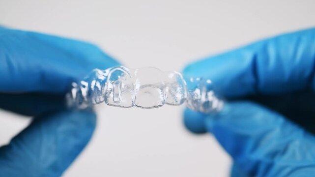 A man in gloves holds in his hand transparent aligners plastic braces retainers for straightening teeth on a white background