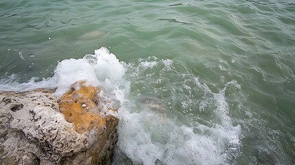 Gentle Waves Lapping Against Rocks by the Seashore in Natural Ocean Setting with Soft Turquoise Water