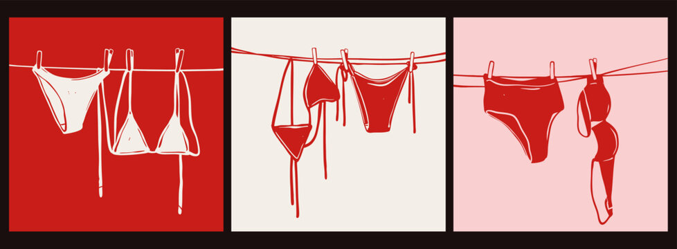 Women's bra and panties hanging on a rope. Swimwear or underwear, lingerie hanging and drying. Hand drawn modern Vector illustration. Isolated design elements. Logo, icon, print template