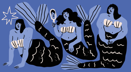 Cute blue Mermaids set. Beautiful abstract underwater characters. Fairy marine creatures with fish scales and tails. Hand drawn Vector illustration. Unique modern style. Isolated design elements