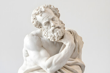 Greek sculpture of an old stoic man, roman god statue,  white creme background