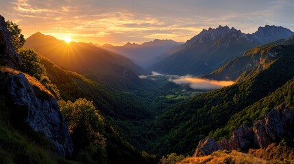Majestic Mountain Range Surrounded by Lush Valley Under Clear Blue Sky