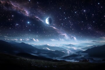 A subtle presence of moon is emphasized by an imaginative image featuring a new moon set against a backdrop of distant galaxies showcasing immense expanse of space
