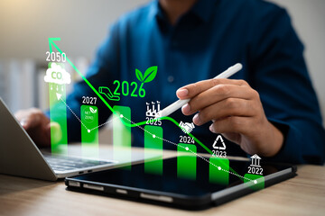 Carbon emission reduction target, Green economy and sustainability Net Zero future. Sustainable development, Energy goals 2026. CO2 emission graph, Goals sustainable planet by 2050.World Environment.