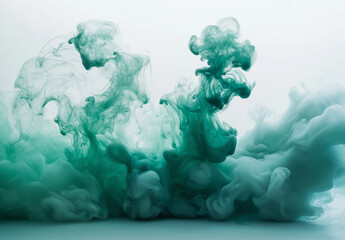 Green Ink Swirling in Water – Abstract Art with Gradient Colors, Dark Green and Light Pink Tones, Minimalist Floating Cloud Effect, Hyper-Realistic High-Resolution Photography