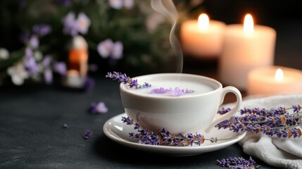 Relaxing Cup of Tea Surrounded by Beautiful Flowers and Gentle Candlelight