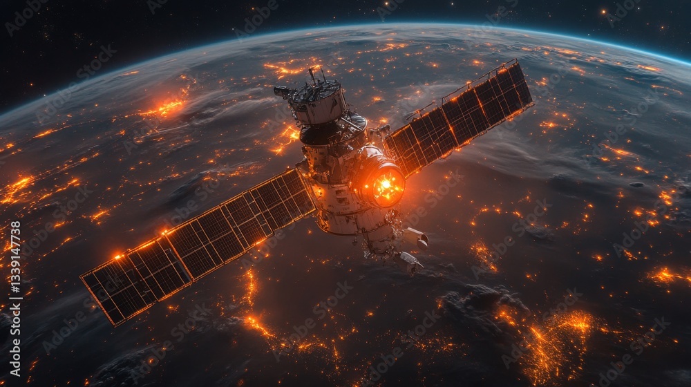 Poster A spacecraft revolves around Earth, transmitting telemetry data while monitoring cosmic radiation and environmental changes in the atmosphere at night.