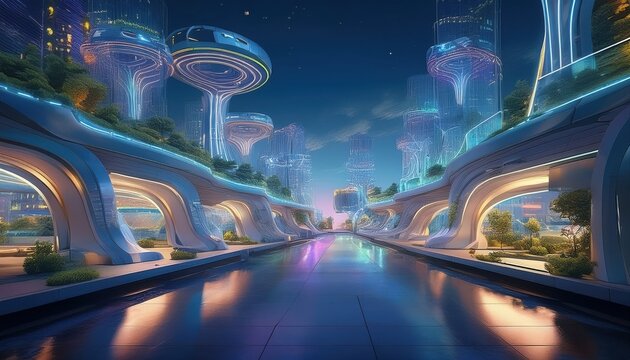 A vibrant cityscape features sleek architecture by a reflective canal under twilight.