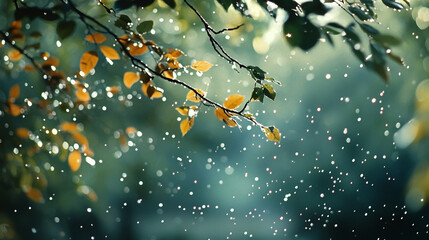 A breeze, heavy with rain, sets the leaves in motion, making them sway as droplets cling to their surfaces