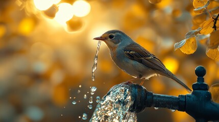 Small bird drinking water from a garden tap at sunset.