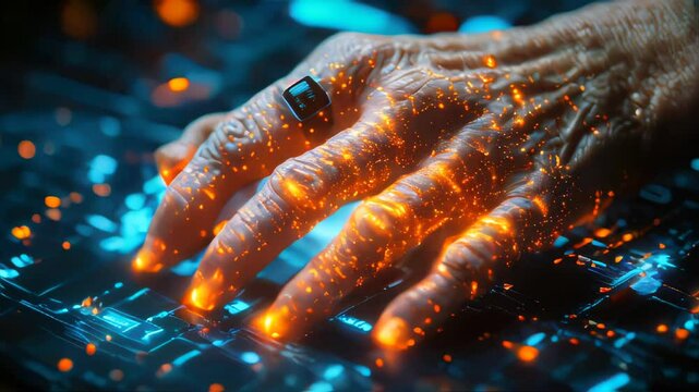 Aged hands with rings and a smartwatch interacting with a glowing high-tech digital interface - Powered by Adobe