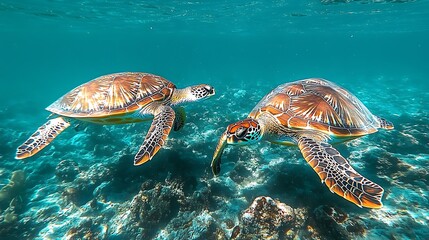 Obraz premium Two sea turtles swimming together in clear ocean water over coral reef.