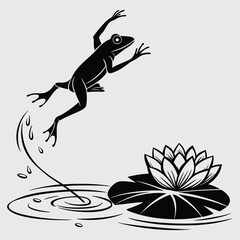 A frog leaping from a lily pad into the water image silhouette design vector art and illustration