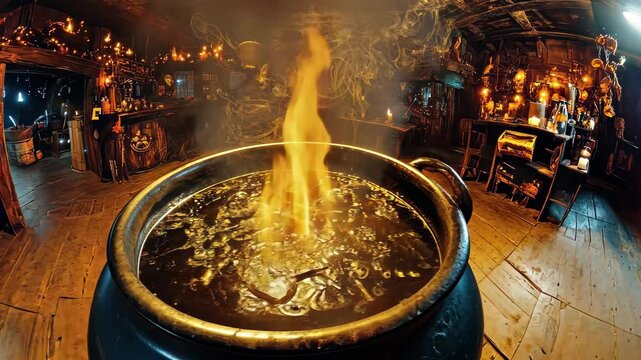 View around a large witch's cauldron with swirling smoke in a dimly lit, mystical room, A 360-degree view around a large witch's cauldron brewing up a magic potion for halloween
