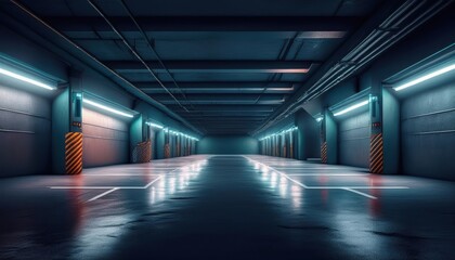 Fototapeta premium A spacious industrial garage boasts sleek lines, modern lighting, and a dramatic atmosphere.