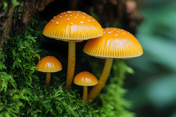 Obraz premium Cluster Of Orange Mushrooms On Mossy Log