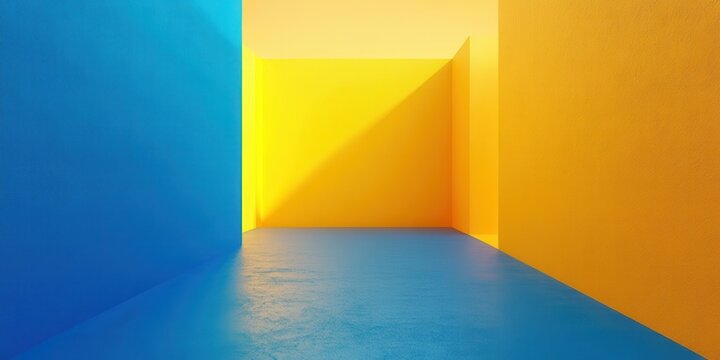 Geometric Color Block: A vibrant abstract composition showcasing geometric color blocks of blue, yellow, and orange, creating a visually striking and modern interior space.