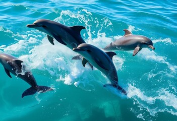 Obraz premium Oceanic Dolphins Leaping Through Sparkling Waves A Breathtaking Display of Aquatic Grace and Natural Beauty