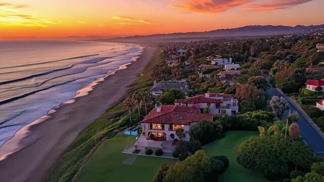 Spectacular aerial view of sunrise over ocean waves at Melbourne Atlantic coastline, Aerial sunrise view ocean waves Melbourne Atlantic beach