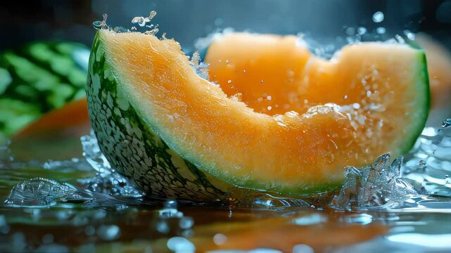 A close-up of a fresh melon slice hitting the water, creating a dramatic splash effect emphasizing its freshness