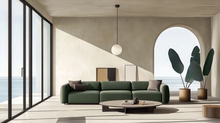 Modern Living Room with Large Sea-View Windows, Olive Green Sofa, Black Coffee Table, Natural Light Illumination
