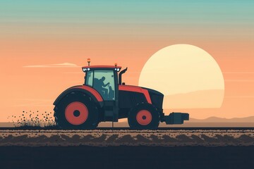 Sunset Silhouette of a Tractor in a Farm Landscape