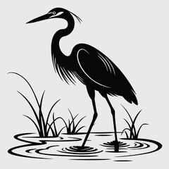 A heron wading through a pond image silhouette design vector art and illustration
