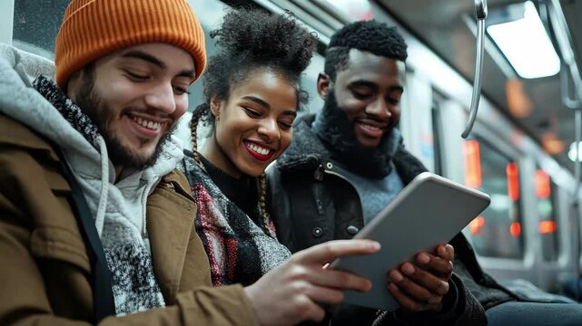 Friends enjoy using a digital tablet together while riding on a subway during a casual outing, student friends use a digital tablet while riding the subway