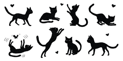 Set collection of cute black silhouettes of cats kittens in various poses and emotions in hand drawn scribble sketch doodle style isolated on white background