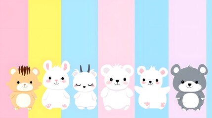 Cute and Adorable Cartoon Animals in Kawaii Style Flat Includes Fluffy Bear Rabbit Cat Panda and Hedgehog Characters in Pastel Colors for Nursery Kids or Graphic Design