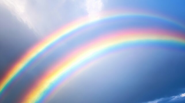 Bright multi-colored rainbows and a stunning double rainbow emerge after a rain shower in the sky showcasing vibrant arcs of color