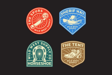 old cowboy boots, western hats, horse riding spurs, horseshoe retro badge logo vector design collection set for western, howdy, wild west, rodeo, adventure