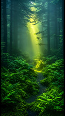 Obraz premium Glowing Path Through Lush Green Forest