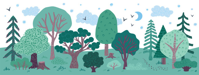 Simple tree. Bare wood, simple plant leaf or foliage night landscape. Isolated bush design, cute hand drawn forest. Childish background. Cartoon flat style isolated illustration. Vector banner © SpicyTruffel