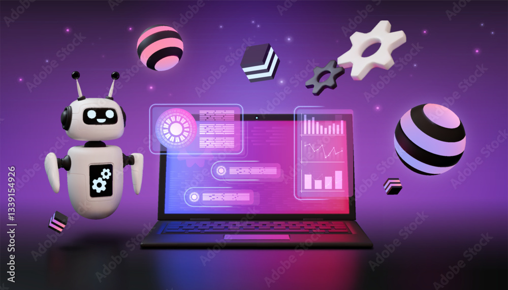 Poster AI robot. 3D tech digital data. Chatbot support agent as artificial intelligence interface. Website infographic in center of laptop. Android assistance. Computer screen. Vector concept