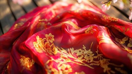 Fototapeta premium Vibrant red silk scarf with golden embroidery, symbolizing youth and vitality, set against soft spring blossoms.