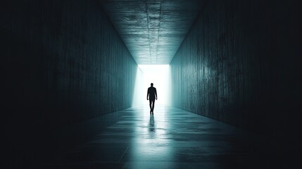 Obraz premium A dark, empty hallway with a single figure walking away into the light 