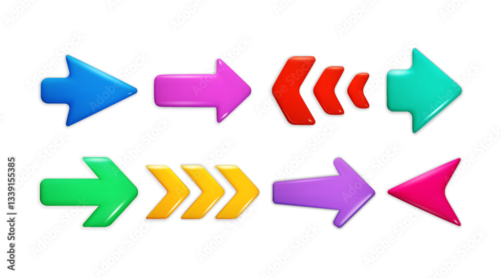 Poster 3d arrow. Down, right glass icon or cursor direction, next up or left render. Cute digital button. Isolated glossy color elements. Navigation digital pointing objects. Vector cartoon set