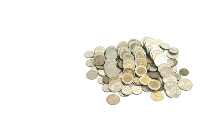 A group of coins spread across a white background. Concept of finance, investment, saving money, reserve fund, deposit money with interest, profit.