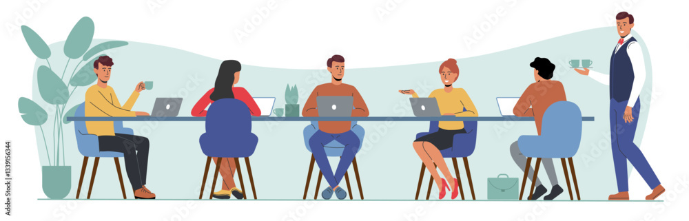 Aufkleber Man working at computer desk. People sitting at negotiation table with laptops. Colleagues brainstorm. Business discussion. Waiter with coffee for office workers. Vector cartoon concept