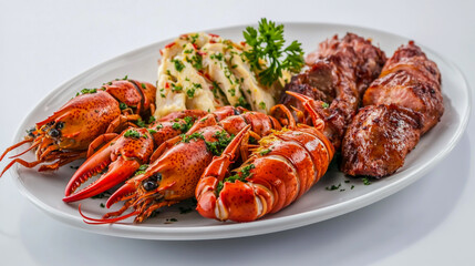 Delicious gourmet garlic crayfish served on a pristine white plate, accompanied by a tender chicken dish and an elegant meat plate