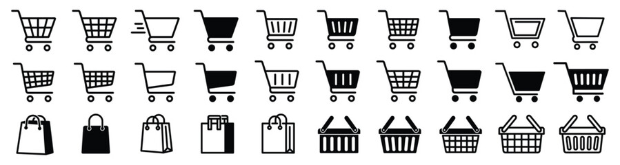 Shopping cart icon set, containing Full and empty shopping cart symbol, shopping bag icon, shop and sale, vector illustration