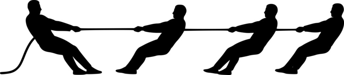 Young couple in a tug of war with a rope silhouette. A man and woman are pulling rope. business competitive metaphor. vector icon. Vector illustration isolated on a white background.