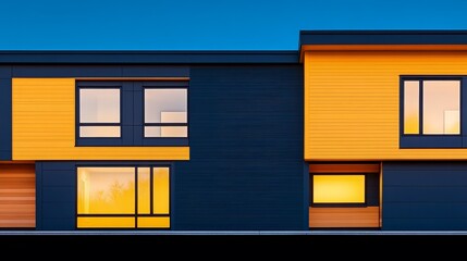 Modern architectural design featuring a vibrant yellow and blue house at dusk with glowing windows