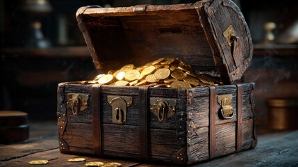 Open antique wooden chest filled with gold coins in a dark workshop