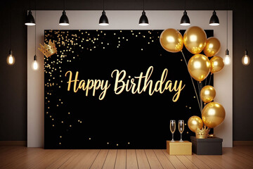 happy birthday backdrop with gold and white balloons and confetti