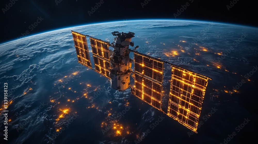 Poster a satellite orbits earth, equipped with solar panels that harvest energy. it transmits data related 