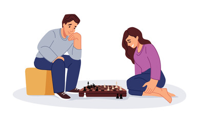 Home board games. Couple playing chess. Players think about checkmate strategy. Man and woman sitting on floor with chessboard. Rook and pawn pieces. Friends challenge. Vector concept